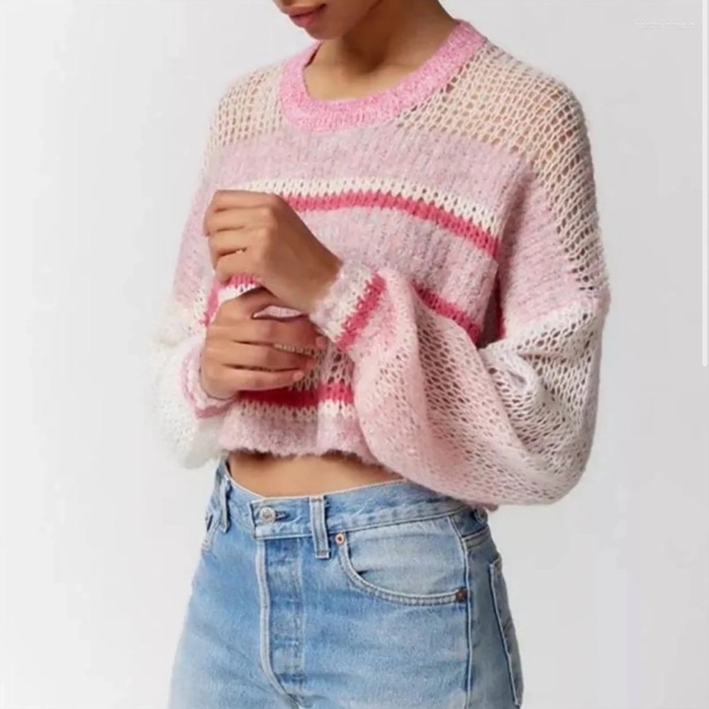 Kimchi Blue Kingston Oversized Knit Kingston Striped Cropped Sweater Pink XS